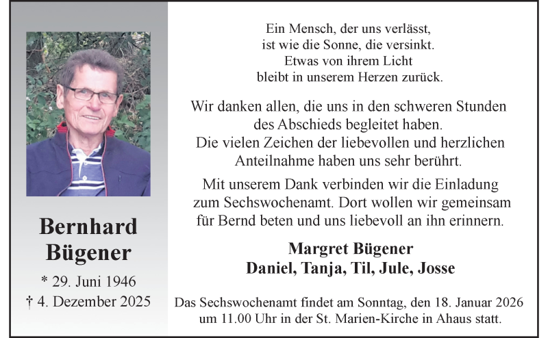  Traueranzeige für Bernhard Bügener vom 13.01.2026 aus 