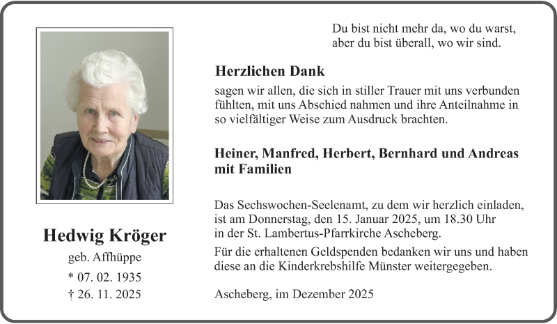  Traueranzeige für Hedwig Kröger vom 31.12.2025 aus 