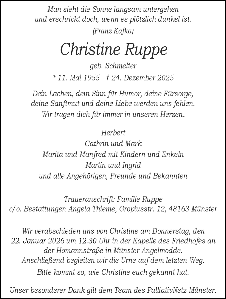  Traueranzeige für Christine Ruppe vom 17.01.2026 aus 