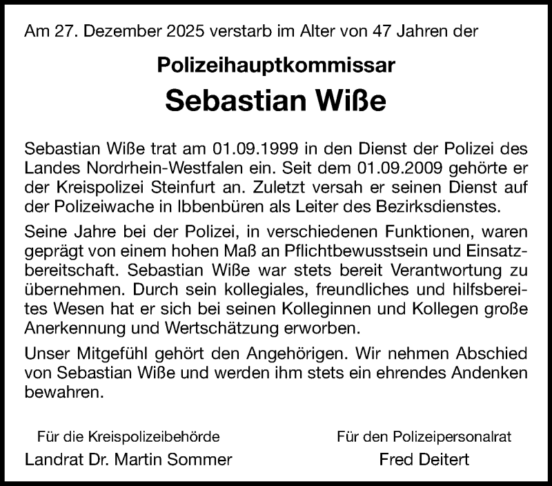 Traueranzeige für Sebastian Wiße vom 03.01.2026 aus 