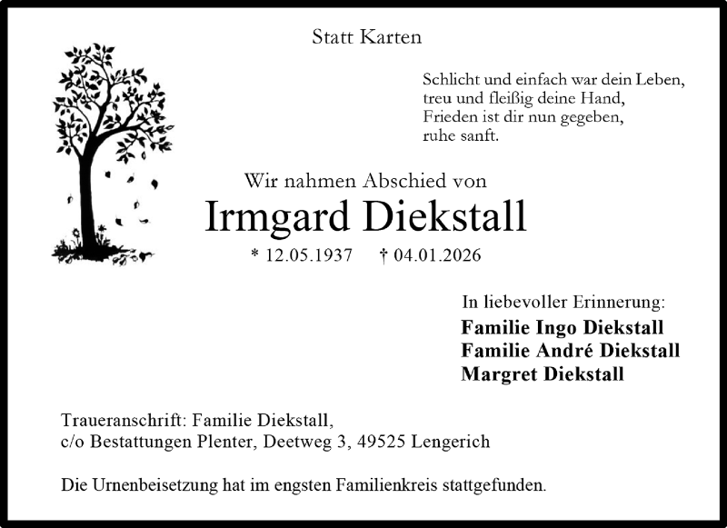  Traueranzeige für Irmgard Diekstall vom 24.01.2026 aus 