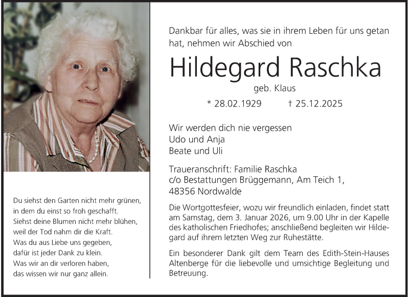  Traueranzeige für Hildegard Raschka vom 31.12.2025 aus 