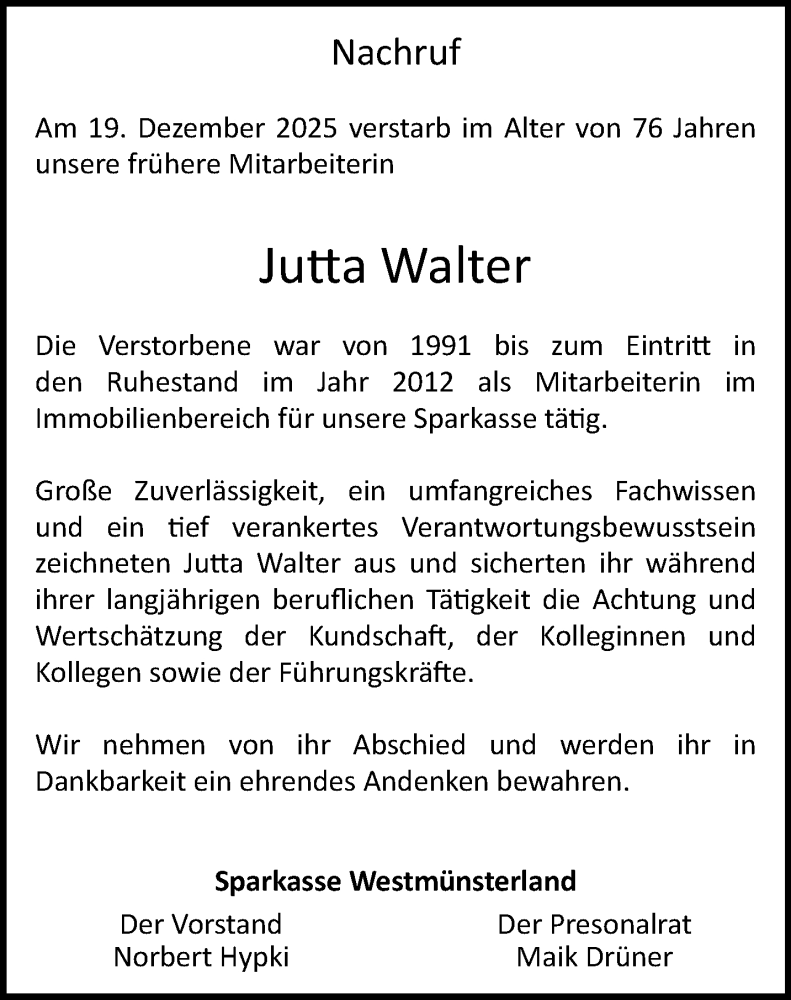 Traueranzeige für Jutta Walter vom 14.01.2026 aus 