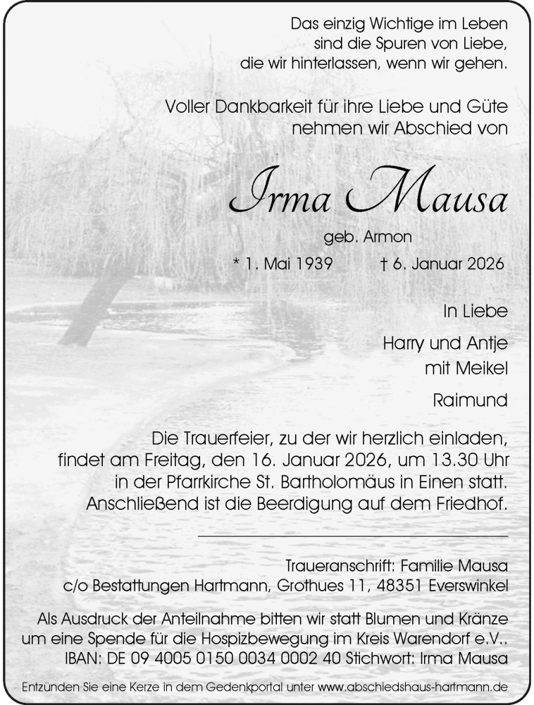  Traueranzeige für Irma Mausa vom 10.01.2026 aus 