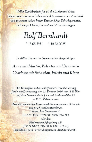 Anzeige von Rolf Bernhardt 