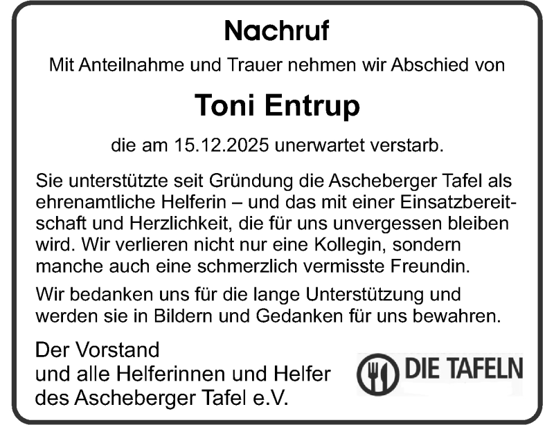  Traueranzeige für Toni Entrup vom 17.01.2026 aus 