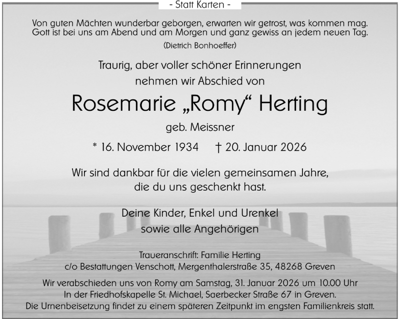  Traueranzeige für Rosemarie Herting vom 24.01.2026 aus 