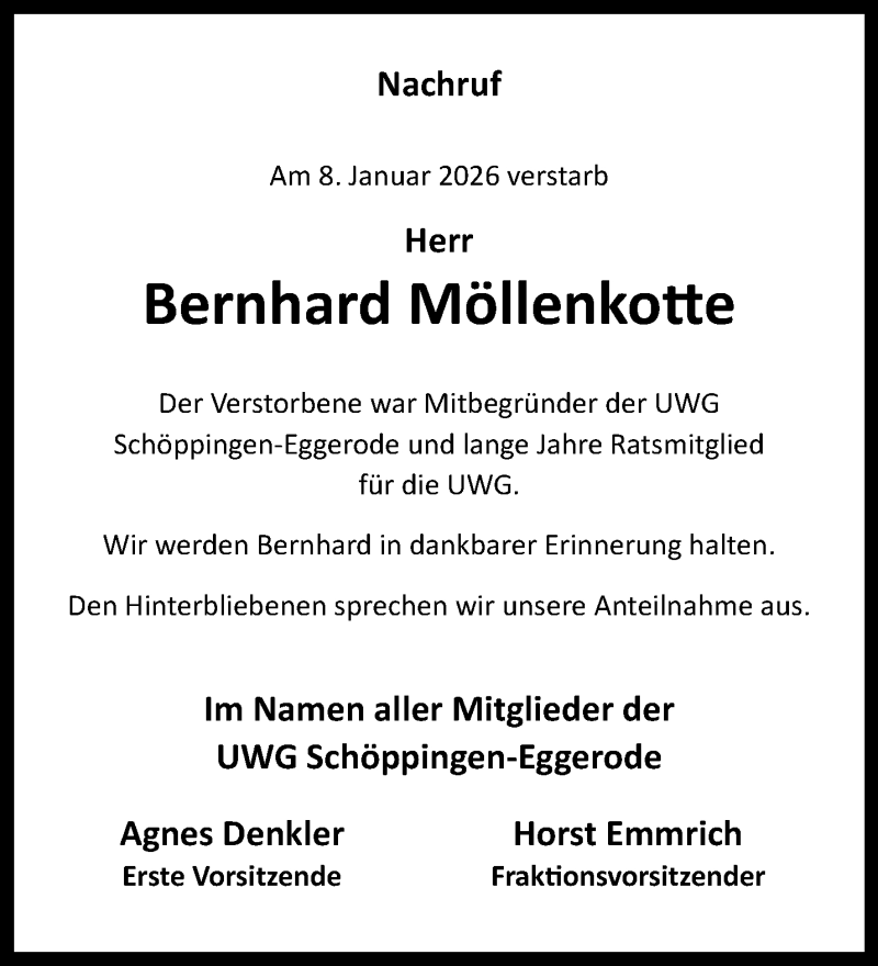  Traueranzeige für Bernhard Möllenkotte vom 16.01.2026 aus 