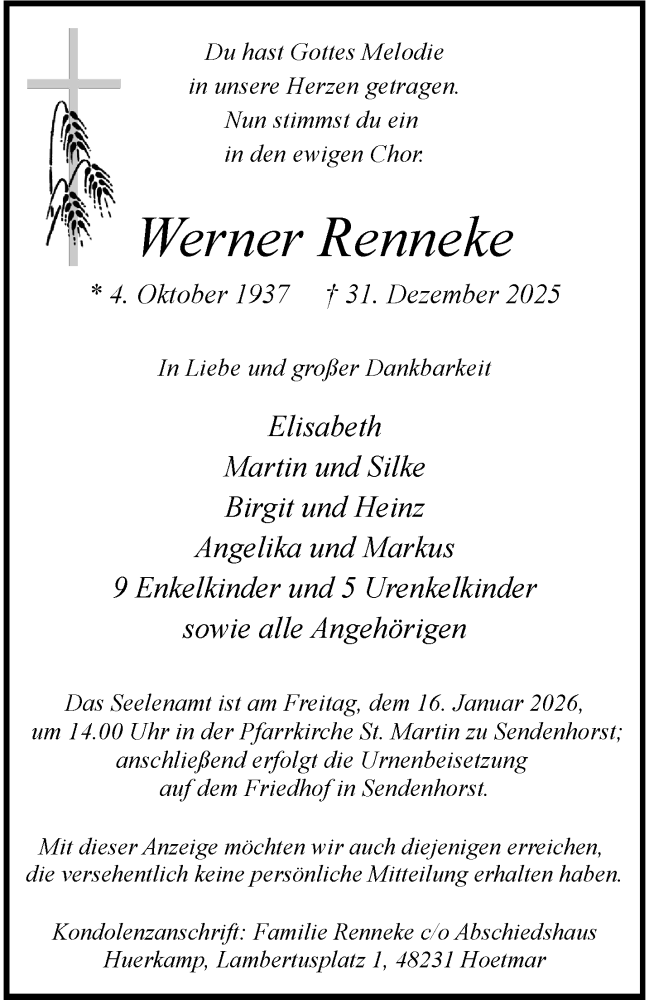  Traueranzeige für Werner Renneke vom 10.01.2026 aus 
