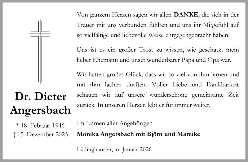  Traueranzeige für Dr. Dieter Angersbach vom 28.01.2026 aus 