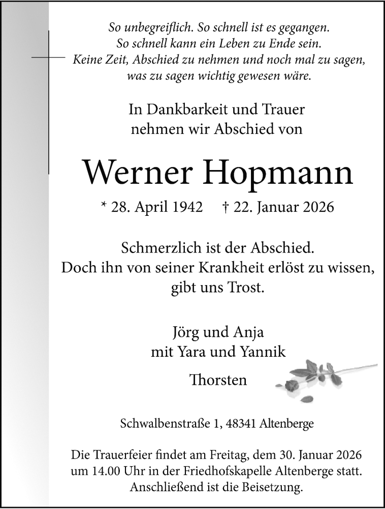  Traueranzeige für Werner Hopmann vom 28.01.2026 aus 