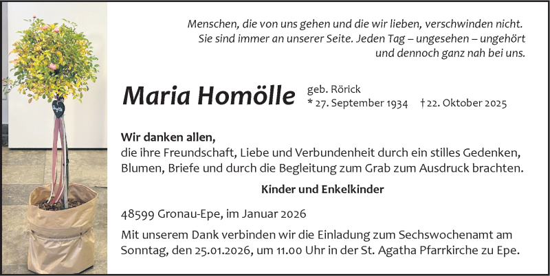  Traueranzeige für Maria Homölle vom 17.01.2026 aus 