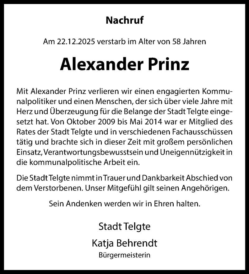  Traueranzeige für Alexander Prinz vom 10.01.2026 aus 