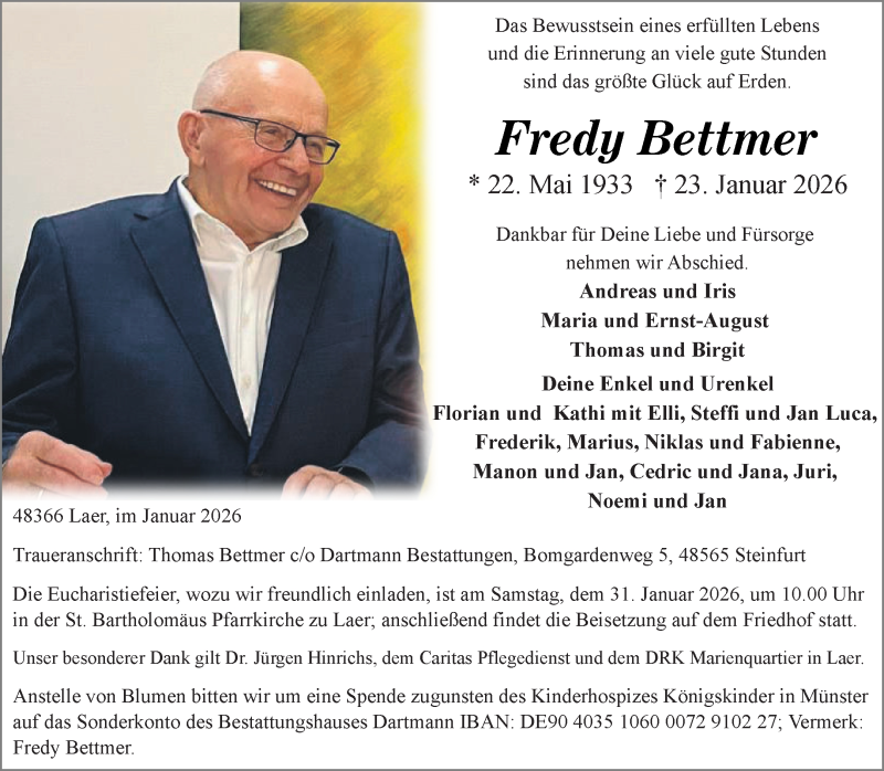  Traueranzeige für Fredy Bettmer vom 24.01.2026 aus 