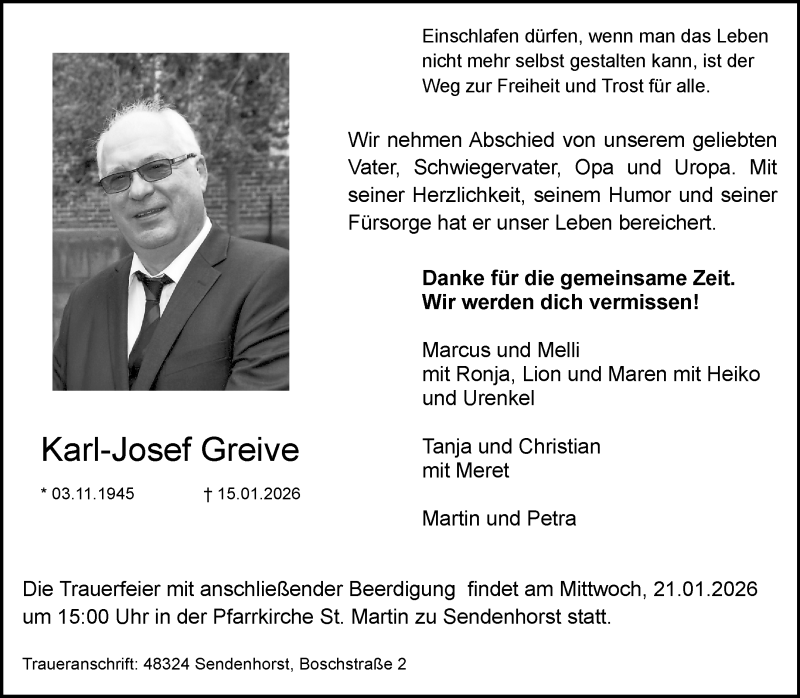  Traueranzeige für Karl-Josef Greive vom 17.01.2026 aus 