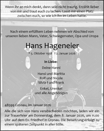 Anzeige von Hans Hageneier 