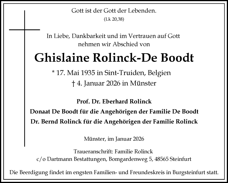  Traueranzeige für Ghislaine Rolinck-De Boodt vom 10.01.2026 aus 