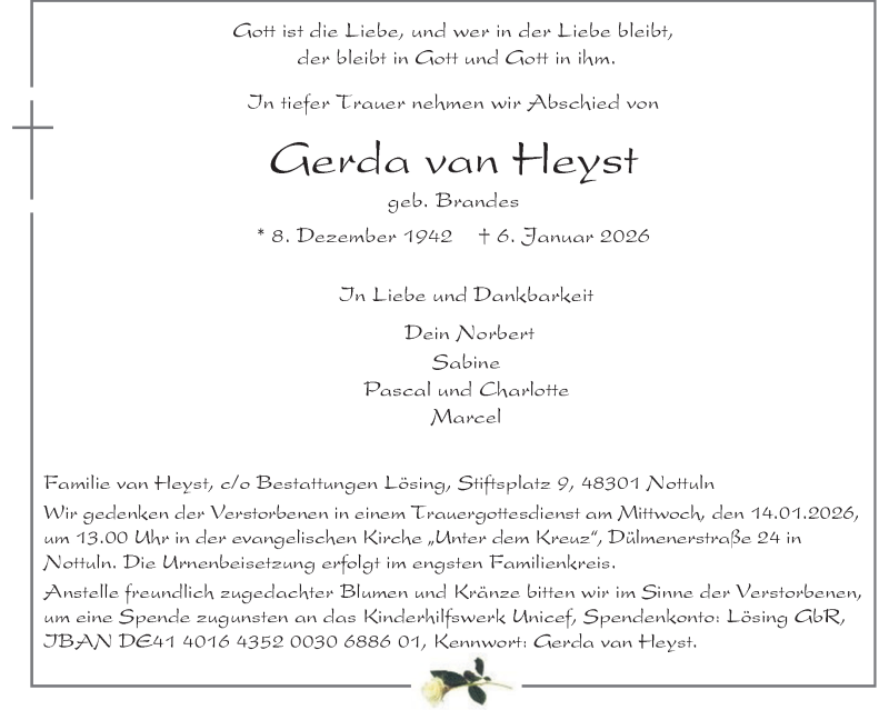  Traueranzeige für Gerda van Heyst vom 10.01.2026 aus 