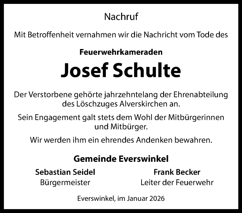 Traueranzeige für Josef Schulte vom 24.01.2026 aus 