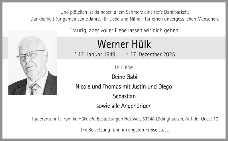  Traueranzeige für Werner Hülk vom 07.01.2026 aus 
