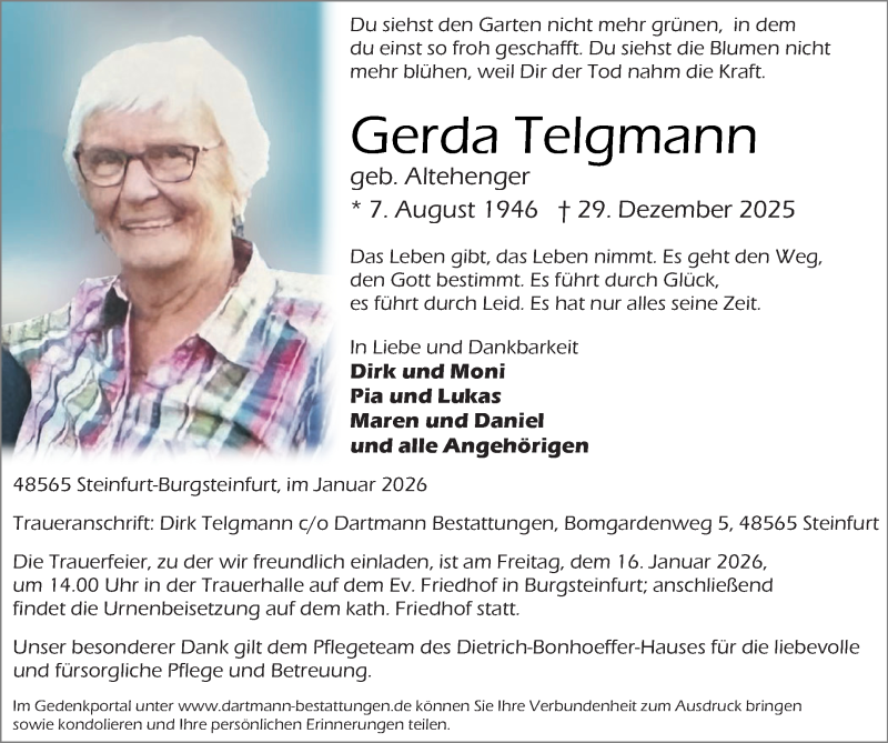  Traueranzeige für Gerda Telgmann vom 10.01.2026 aus 