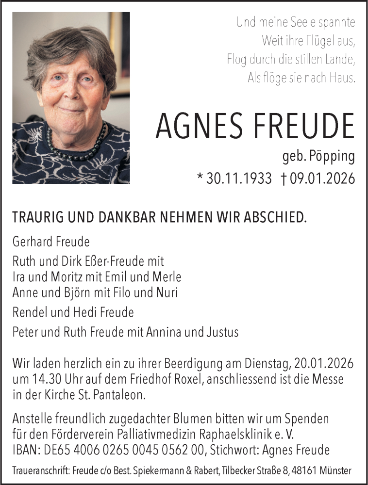  Traueranzeige für Agnes Freude vom 17.01.2026 aus 