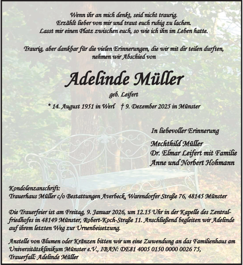  Traueranzeige für Adelinde Müller vom 03.01.2026 aus 