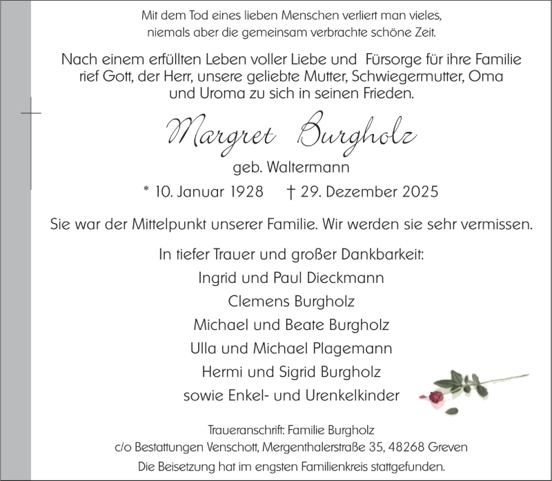  Traueranzeige für Margret Burgholz vom 07.01.2026 aus 
