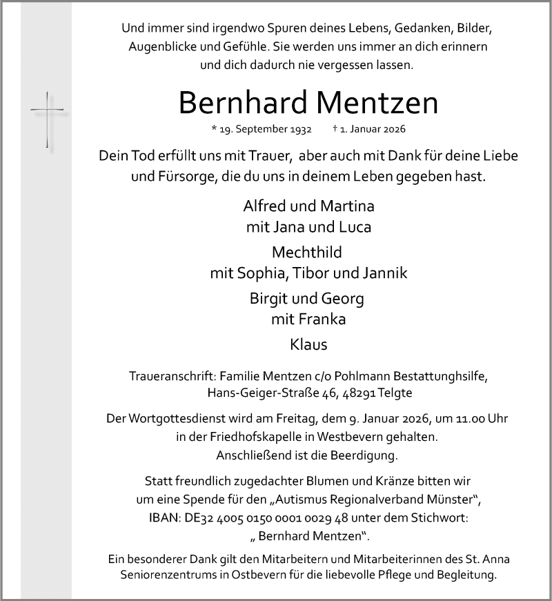  Traueranzeige für Bernhard Mentzen vom 06.01.2026 aus 