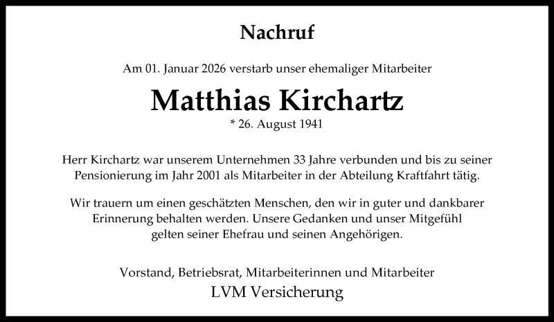  Traueranzeige für Matthias Kirchartz vom 10.01.2026 aus 