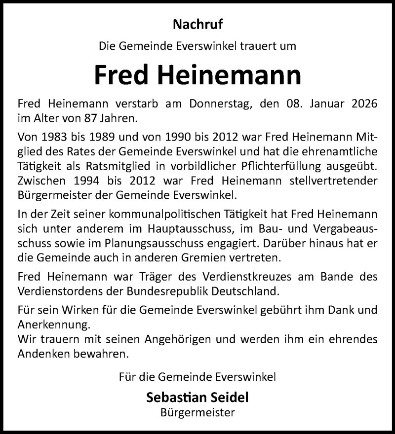 Traueranzeige für Fred Heinemann vom 14.01.2026 aus 