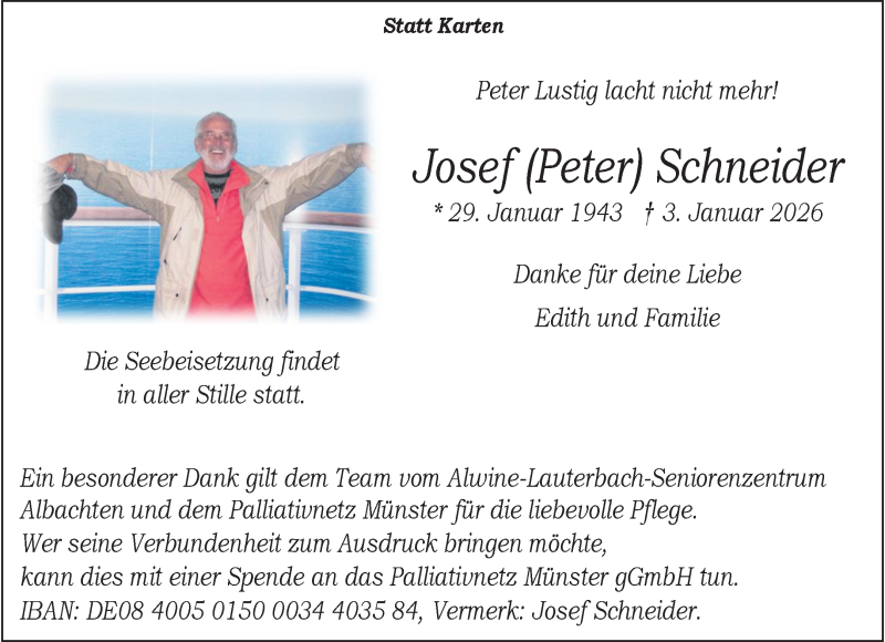  Traueranzeige für Josef Schneider vom 10.01.2026 aus 
