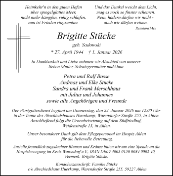 Anzeige von Brigitte Stücke 