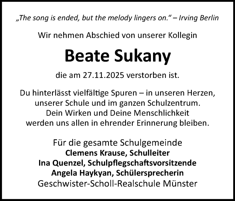  Traueranzeige für Beate Sukany vom 06.12.2025 aus 