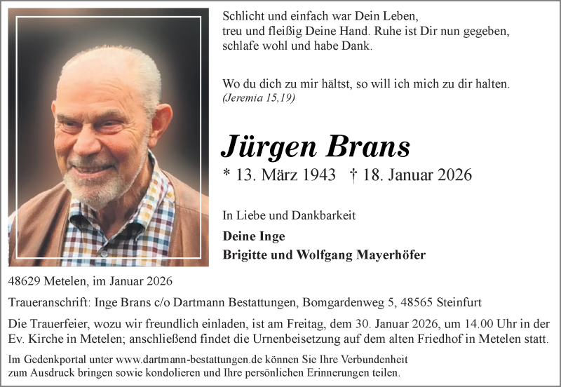  Traueranzeige für Jürgen Brans vom 23.01.2026 aus 