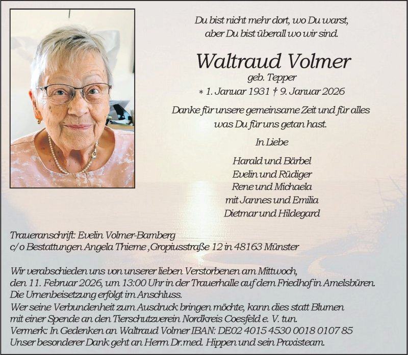  Traueranzeige für Waltraud Tepper Volmer vom 24.01.2026 aus 