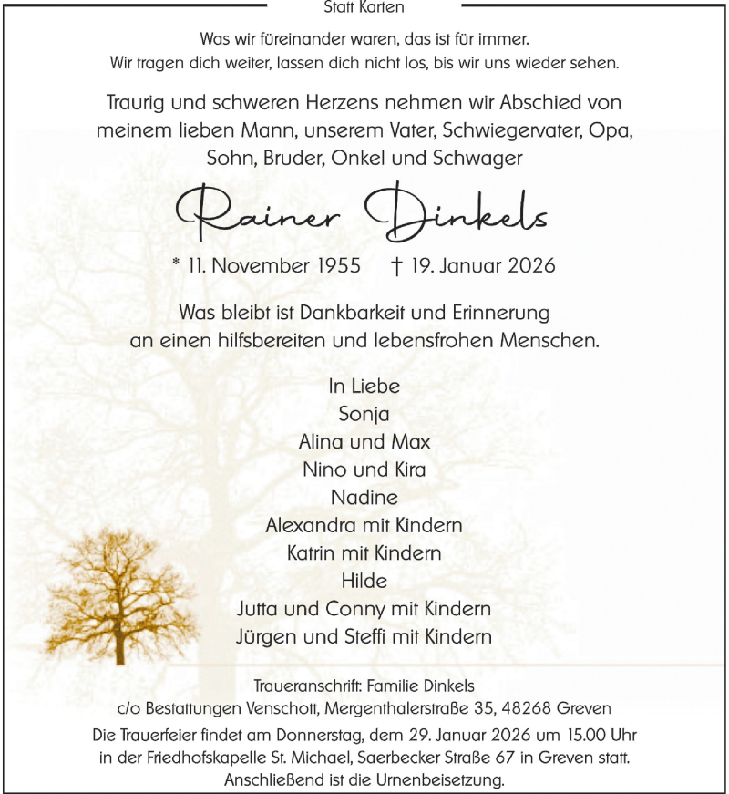  Traueranzeige für Rainer Dinkels vom 24.01.2026 aus 