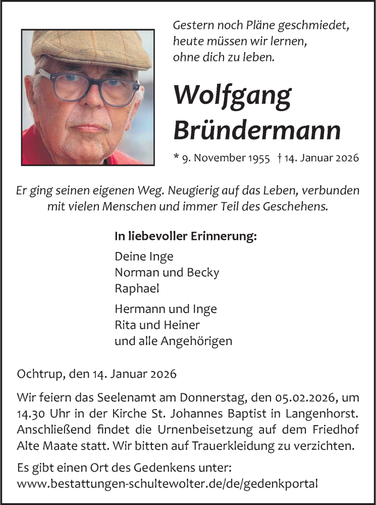  Traueranzeige für Wolfgang Bründermann vom 17.01.2026 aus 