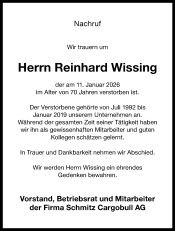 Anzeige von Reinhard Wissing 