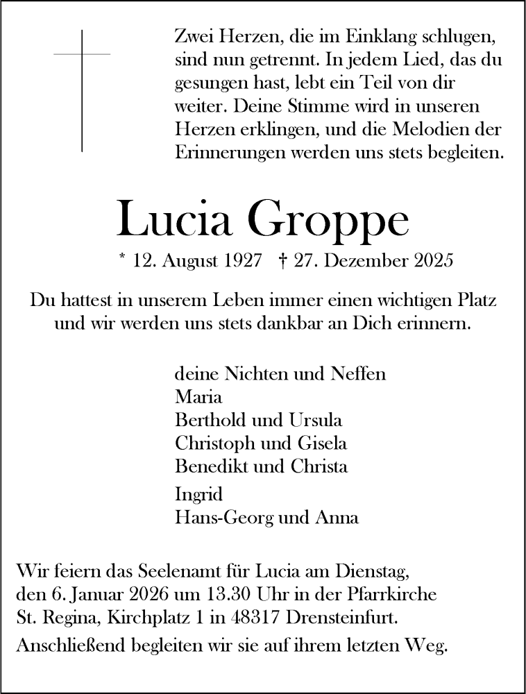  Traueranzeige für Lucia Groppe vom 03.01.2026 aus 