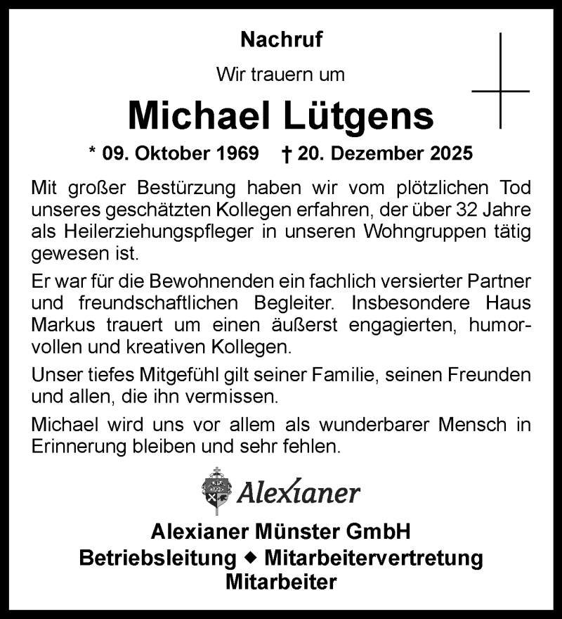  Traueranzeige für Michael Lütgens vom 31.01.2026 aus 