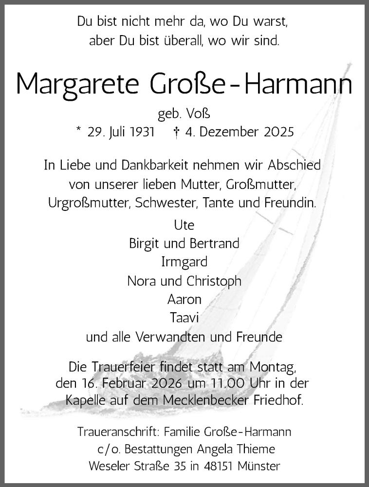  Traueranzeige für Margarete Große-Harmann vom 24.01.2026 aus 