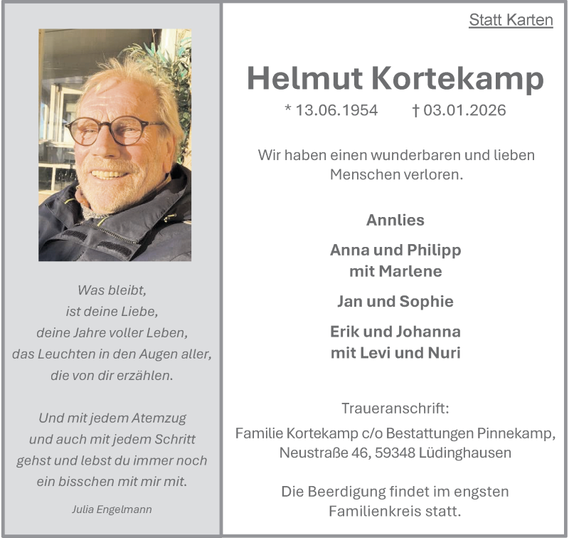  Traueranzeige für Helmut Kortekamp vom 07.01.2026 aus 
