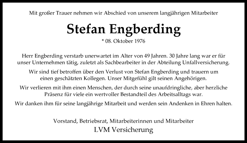  Traueranzeige für Stefan Engberding vom 10.01.2026 aus 