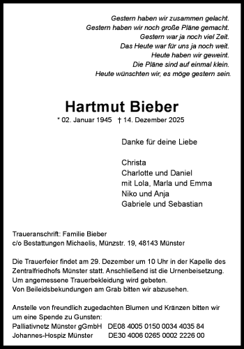 Anzeige von Hartmut Bieber 