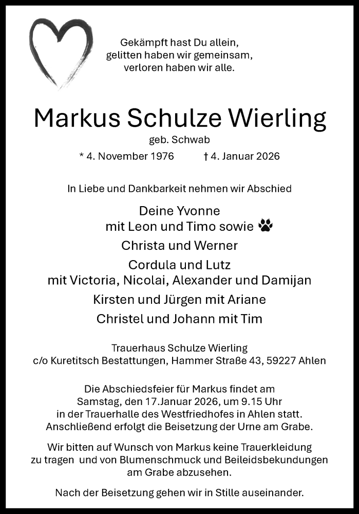  Traueranzeige für Markus Schulze Wierling vom 10.01.2026 aus 