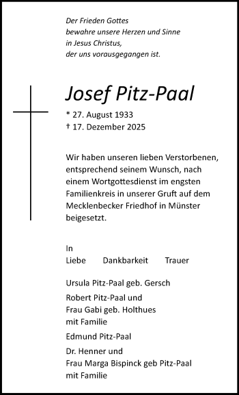 Anzeige von Josef Pitz-Paal 