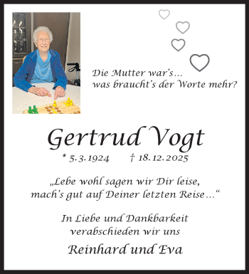 Anzeige von Gertrud Vogt 