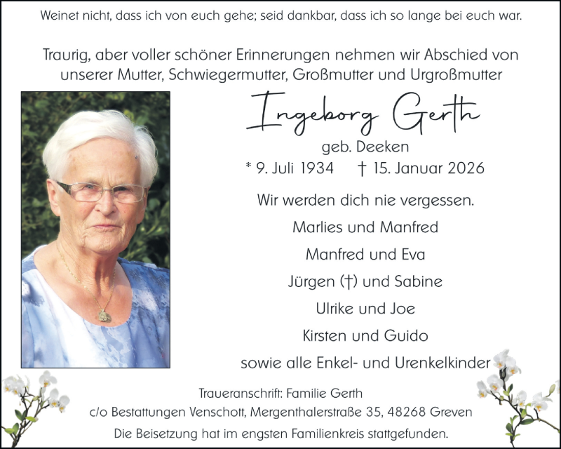  Traueranzeige für Ingeborg Gerth vom 24.01.2026 aus 