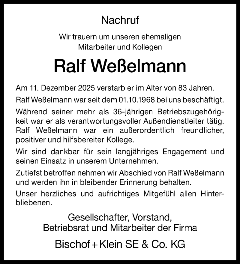  Traueranzeige für Ralf Weßelmann vom 07.01.2026 aus 